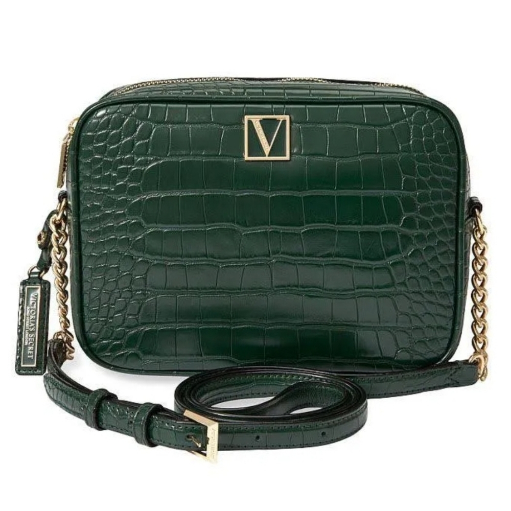 Victoria Secret Emerald Croc Crossbody W/gold Chain Straps #New